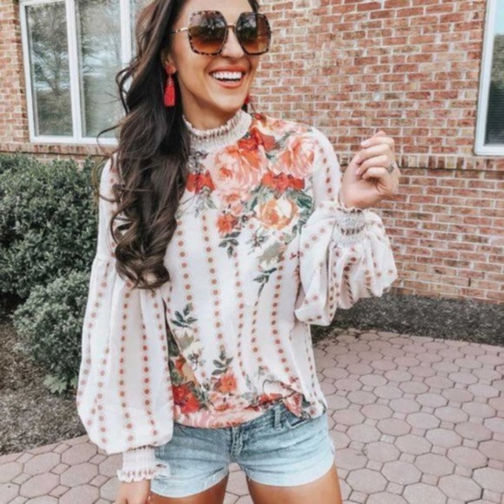 06 Boho Floral Print Mock neck Blouse - Picture 5 of 7